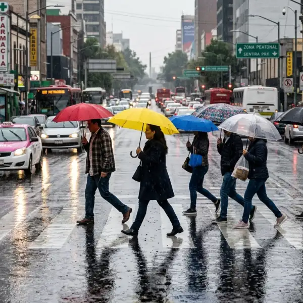 Personas cruzan la calle en CDMX con fuertes lluvias.