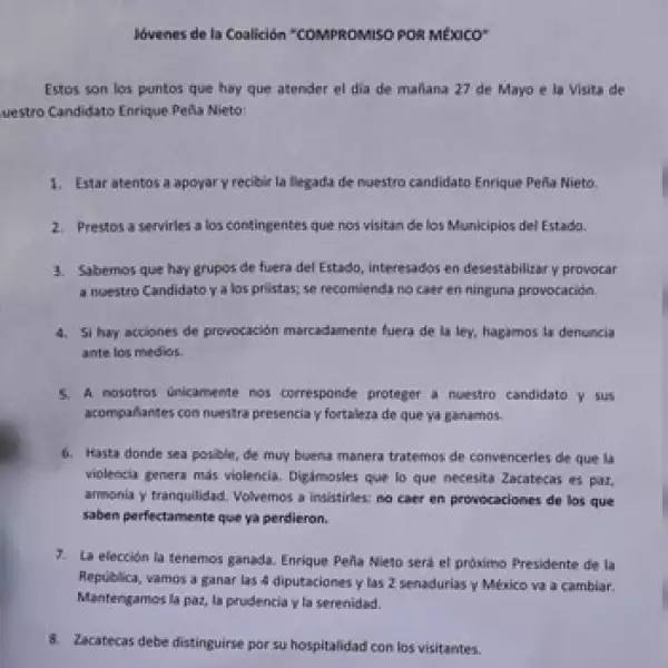 Simpatizantes de peña nieto repartieron un manual sobre los lineamientos que deberían seguir en su visita a zacatecas