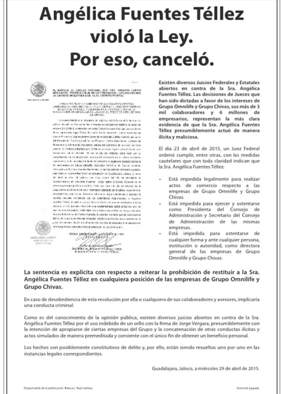 Este es el desplegado, publicado hoy en medios impresos, que asegura que la empresaria enfrenta diversos juicios.