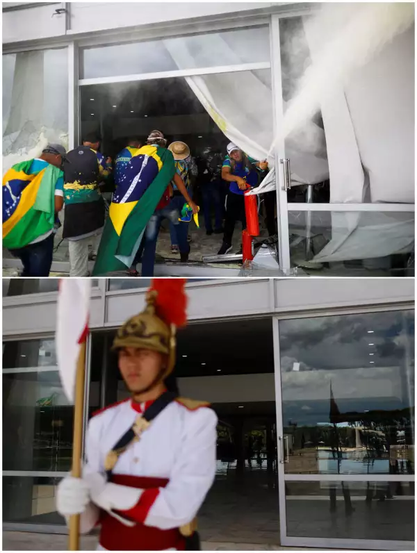 Una imagen combinada muestra a los partidarios del expresidente de Brasil, Jair Bolsonaro, irrumpiendo en un edificio durante una manifestación contra el presidente Luiz Inacio Lula da Silva en Brasilia, Brasil, el 8 de enero de 2023 (arriba) y una vista general de la puerta de acceso a la rampa del Palacio Planalto, casi un año después de la protesta del 8 de enero, en Brasilia, Brasil, el 27 de diciembre de 2023 (abajo).