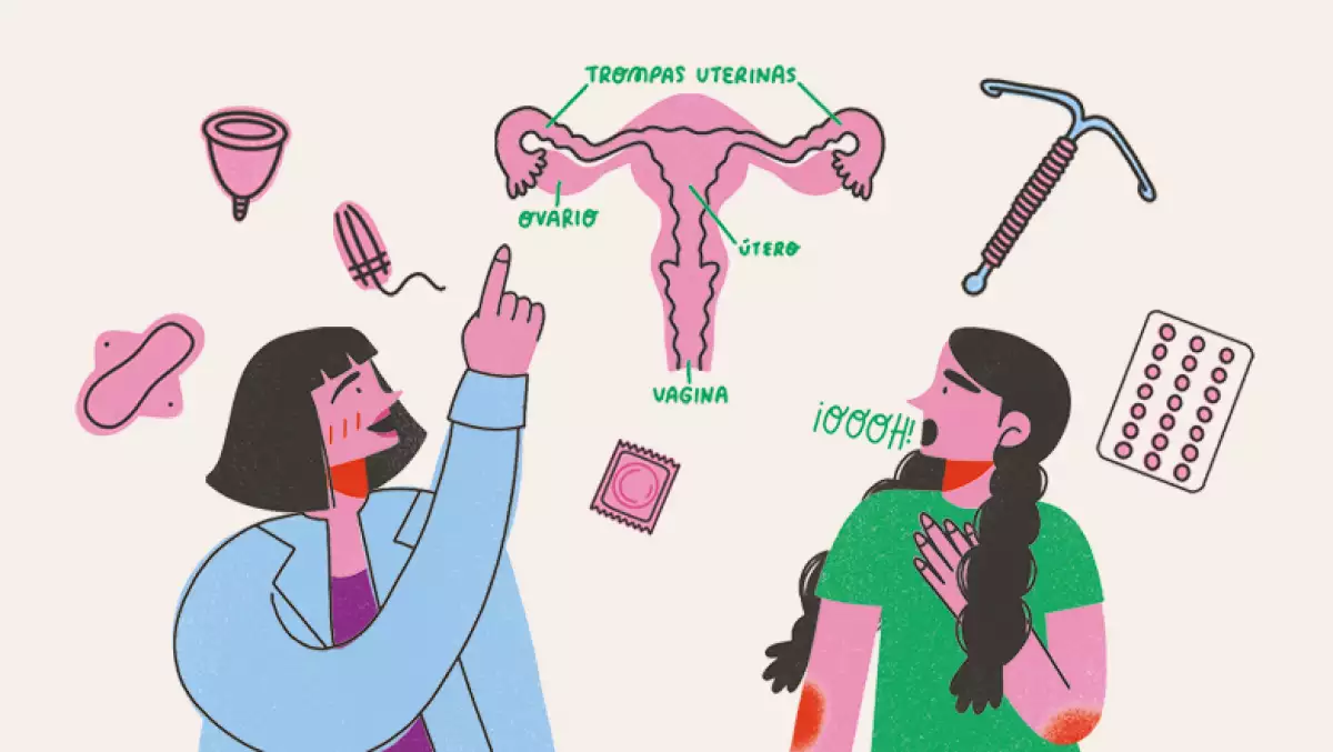 ilustracion de un aparato reproductor femenino rodeado de pequeñas ilustraiones de DIU, pastillas anticonceptivas, y productos de higiene menstrual como copa menstrual, tampón, etc.