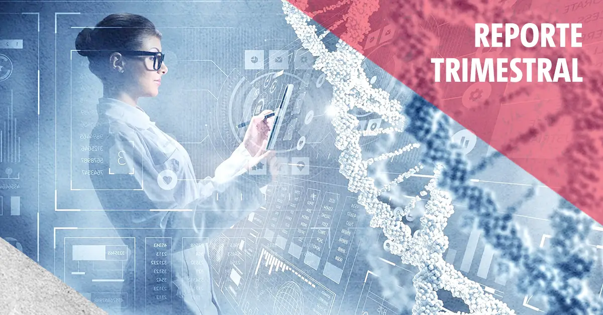 Imagen horizontal que combina elementos de ciencia, tecnología y análisis de datos. En el lado izquierdo aparece una mujer de perfil, con el cabello recogido, lentes oscuros y una bata blanca, que interactúa con una interfaz digital transparente mediante una tableta. A su alrededor se despliegan gráficos, diagramas, cifras, iconos y líneas geométricas que evocan el análisis científico y la investigación tecnológica.