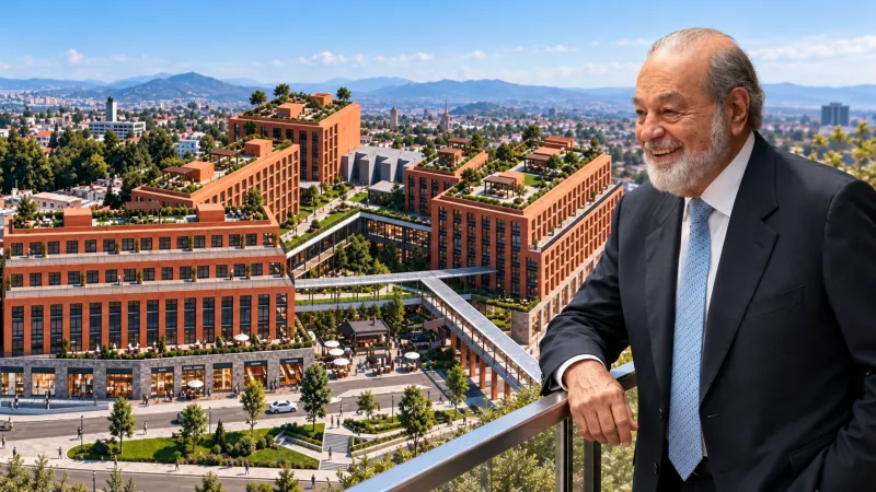 Carlos Slim aparece frente a un desarrollo inmobiliario con edificios, áreas verdes, comercios y espacios peatonales en Puebla.