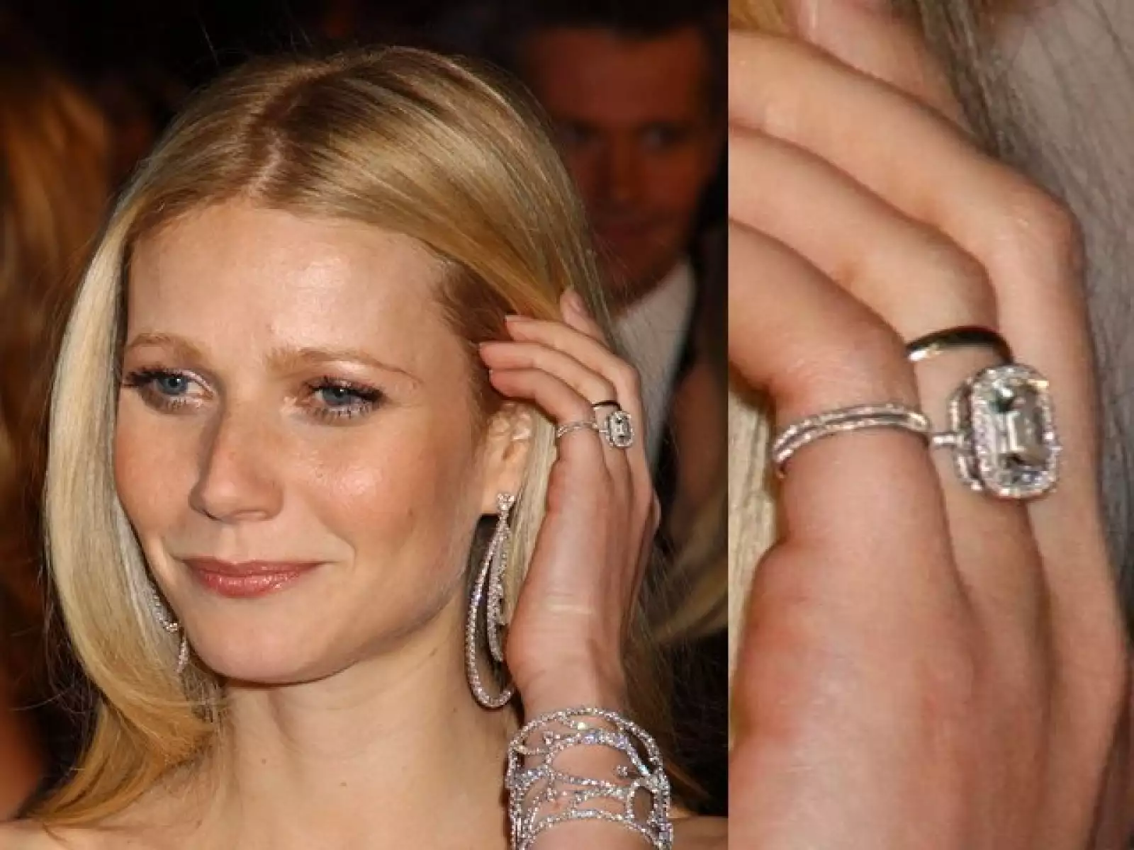 Gwyneth Paltrow usa un diamante con diamantes pequeños alrededor es elegante y conservador.