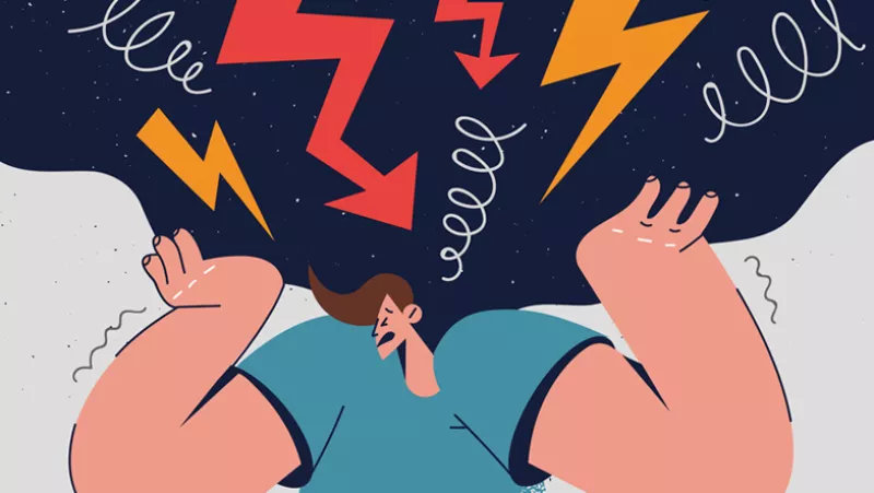 llustración de una personaque carga sobre sus hombros una nube pesada con flechas grandes que la empujan hacia abajo.