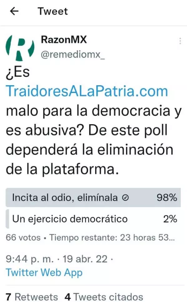 Twitter account from which the traidoresalapatria.com page was spread.