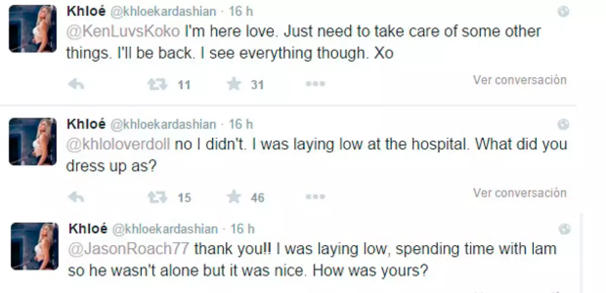 Posteriormente continuó respondiéndoles a sus fans. Aclarando que estaba en el hospital con Lamar, y que a pesar de que se está ocupando de algunas cosas, se mantiene al pendiente de sus redes sociales.