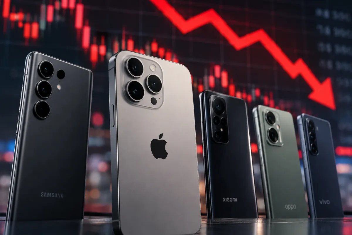 Cinco teléfonos inteligentes de distintas marcas aparecen sobre una superficie oscura, en la que al fondo, una gráfica financiera roja con una flecha descendente representa la caída del mercado mundial de smartphones.