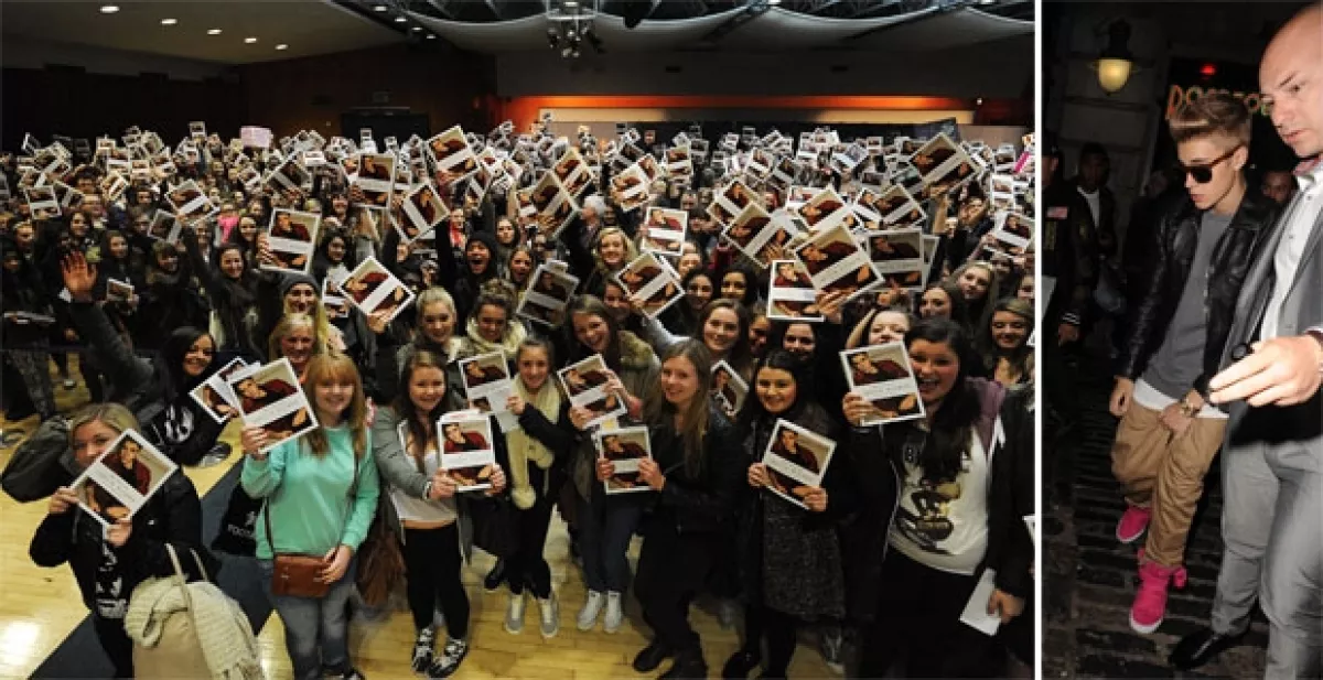 Izquierda: decenas de admiradoras posan con una copia del nuevo libro de Justin, Just Getting Started en Londres el 23 de febrero. Derecha: Justin saliendo de un club londinense a las 4 am en el que también estuvo con el músico Will.i.Am.