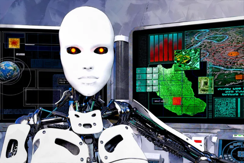 Imagen de un robot humanoide amenazante y detrás unas computadoras con imágenes de la Tierra en signos rojos de alerta.