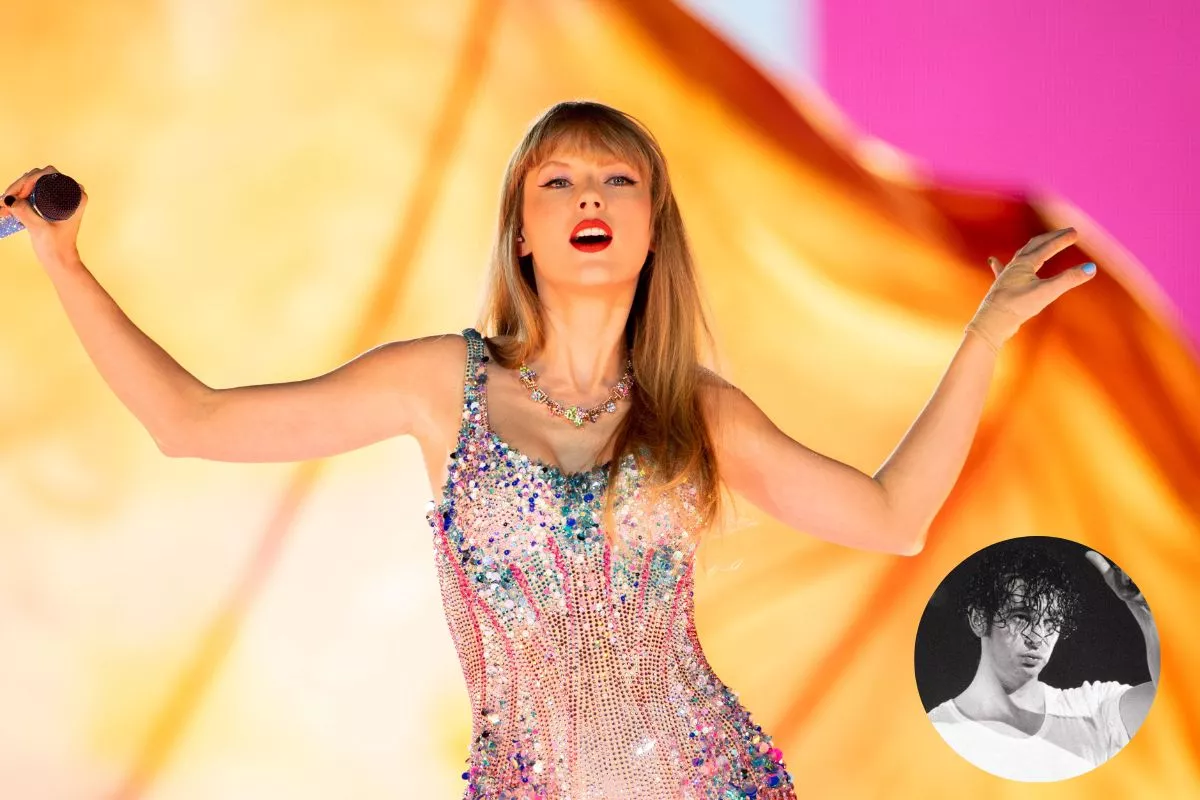 Taylor Swift en el Eras Tour y una foto de Matt Healy en marco circular abajo 