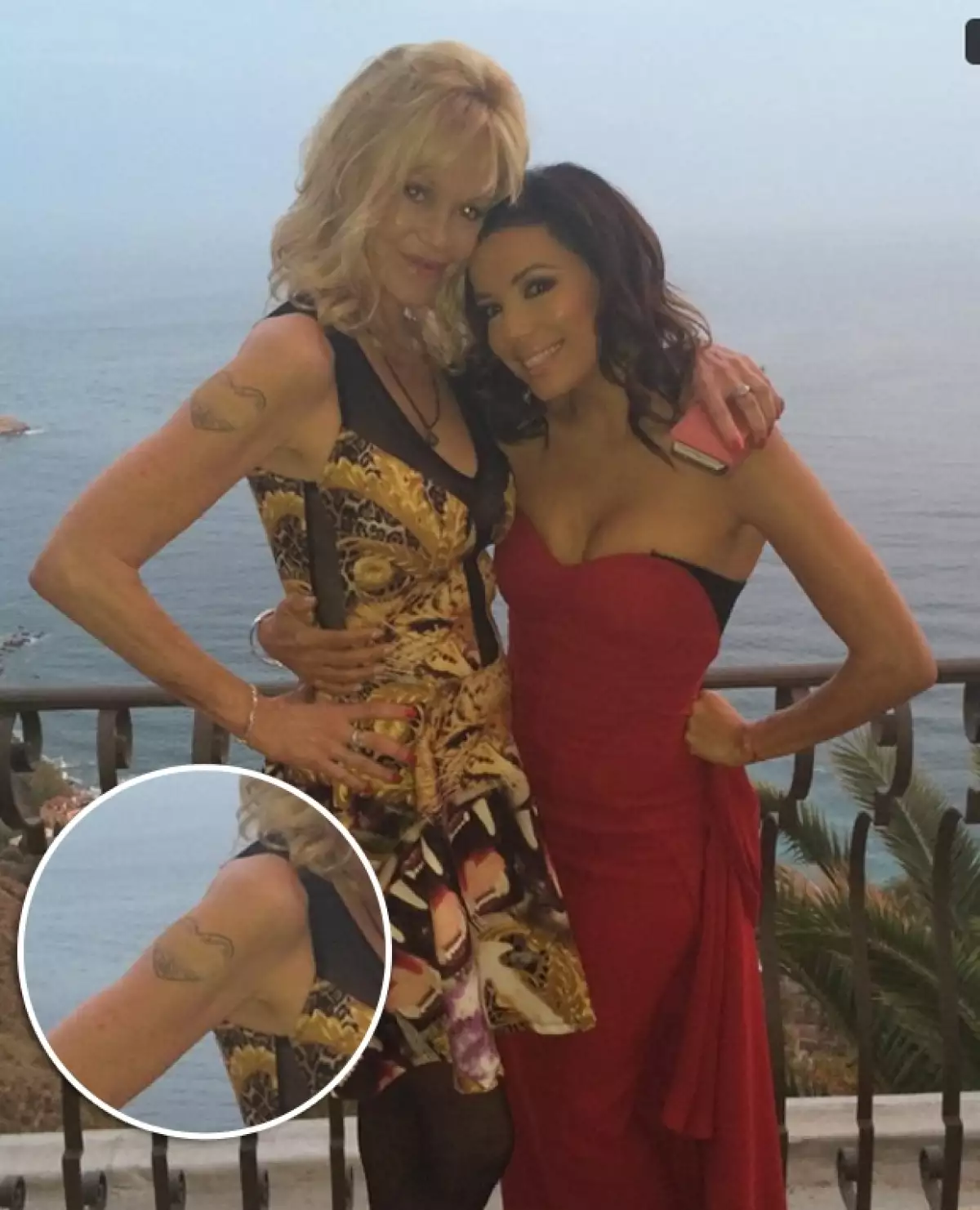 La actriz de 56 años hizo su primera aparición en red carpet tras su ruptura con Antonio Banderas. Aquí un close up de su tatuaje removido.