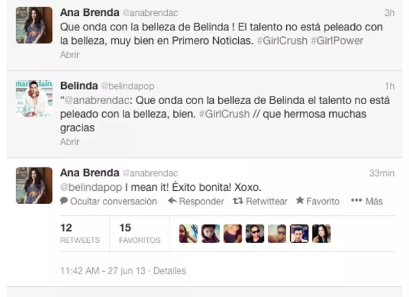 La actriz reconoció el talento y la belleza de la cantante por medio de un tuit en el que expresó su admiración por Belinda y su actuación en un noticiero matutino.