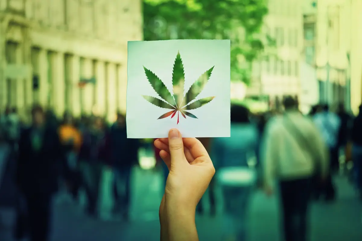mano sosteniendo una hoja de papel con recorte en forma de hoja de marihuana