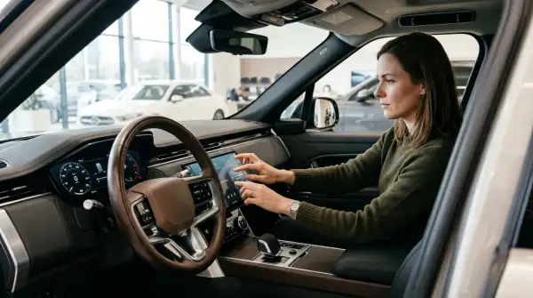 Mujer configurando la pantalla de infoentretenimiento de un SUV automático en la agencia. Los interiores de la camioneta son en piel café, además de incluir tacómetro y controles electrónicos.