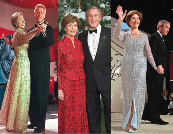 Hillary Clinton. Eligió a su diseñador favorito para la boda de su hija Chelsea. Nancy Reagan en un vestido de encaje durante la cena presidencial en 1998. Laura Bush en 2005 lució moderna en un vestido con aplicaciones.