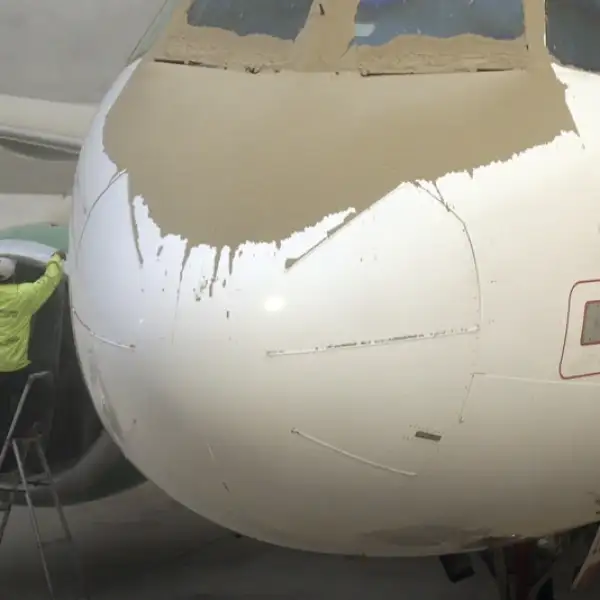 trabajadores limpian un avion de cenizas