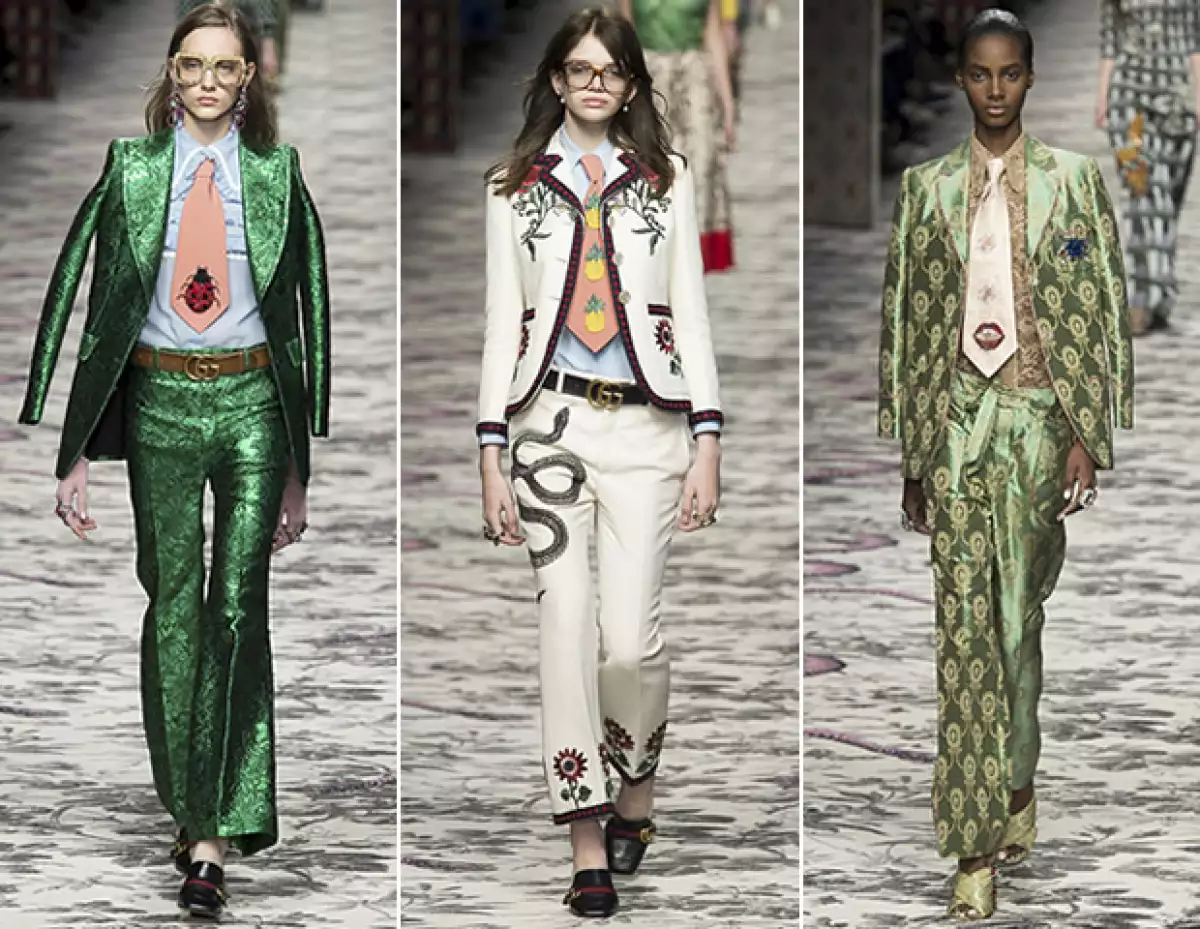 Gucci volvió a presentar trajes, dándoles el toque especial con una corbata bordada.