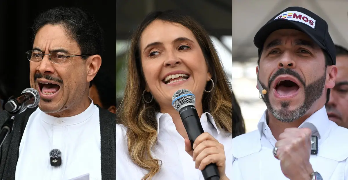 Esta combinación de imágenes creadas el 14 de mayo de 2026, muestra al candidato presidencial colombiano del partido gobernante Pacto Histórico, Iván Cepeda, pronunciando un discurso durante un mitin del Primero de Mayo conmemorando el Día Internacional de los Trabajadores en Bogotá el 1 de mayo de 2026; la candidata presidencial de Colombia Paloma Valencia, del partido Centro Democrático, hablando durante un mitin de campaña en Rionegro, departamento de Antioquia, Colombia, el 13 de abril de 2026; y el candidato presidencial colombiano para el movimiento político Defensores de la Patria, Abelardo de la Espriella, gesticulando durante un mitin de campaña en Medellín, Colombia, el 28 de enero de 2026.