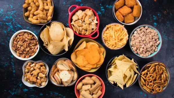 Salty snacks served in bowls