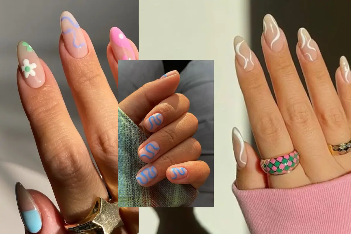 diseños de uñas con líneas curvas de colores