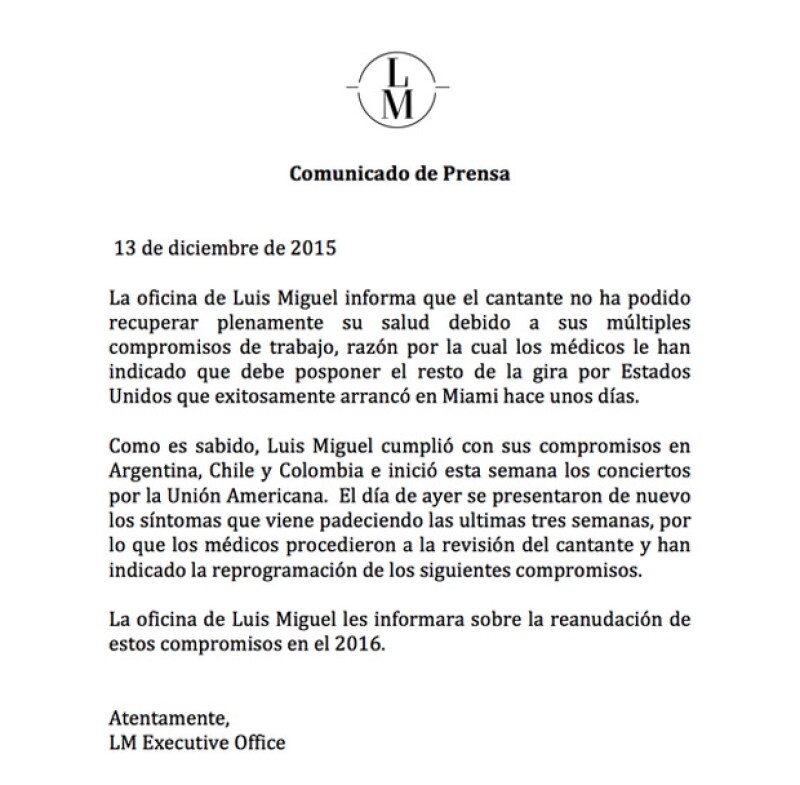 Este fue el comunicado que la oficina del cantante difundió en redes sociales.