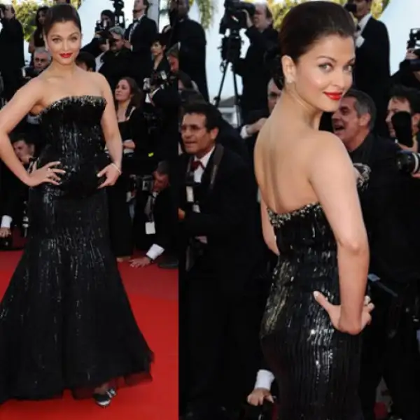 La actriz Aishwarya Rai subió el cociente del encanto en el día 2 con este vestido de Giorgio Armani Prive negro en la noche del Palacio de Festivales el jueves.