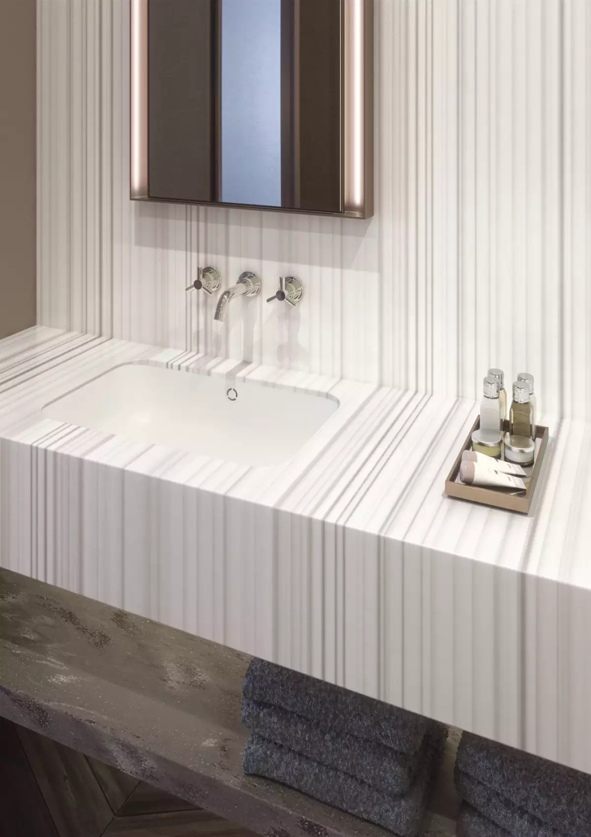 Lavabo en cuarto de hotel en Corian® Solid Surface Silver Linear