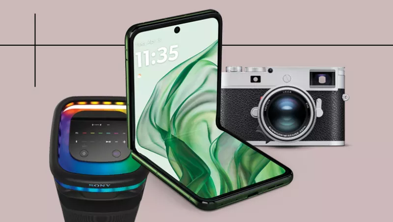 Foto collage de un reloj inteligente, un smartphone de Motorola y una cámara leica