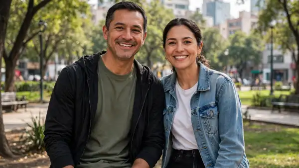 Pareja de mediana edad sonriendo, en el fondo se ve una parte de la Alameda Central