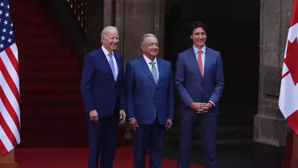 Joe Biden, Andrés Manuel López Obrador y Justin Trudeau en Palacio Nacional para encabezar la décima Cumbre de Líderes de América del Norte.