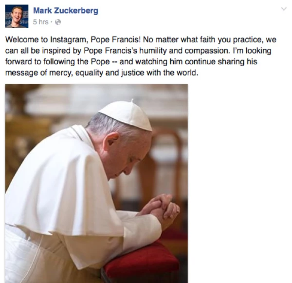 El fundador de Facebook le dio la bienvenida al Papa.