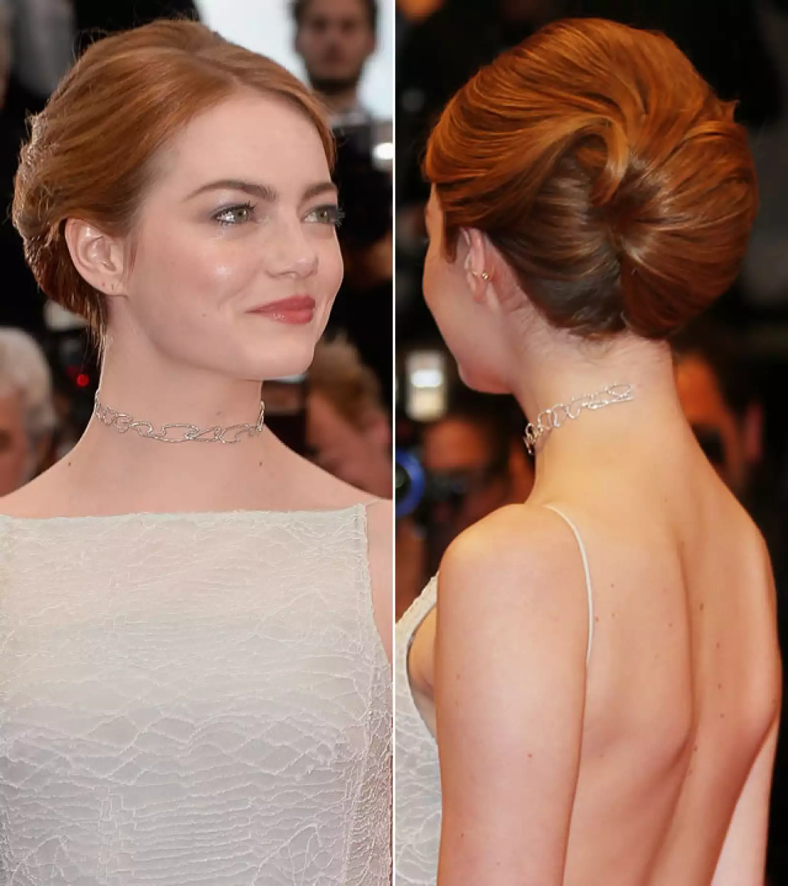 Emma Stone llevó un chongo que parecía una ola de mar, haciendo lucir su color de pelo. Sus labios iban en un tono naranja mate, resaltando sus ojos y el color del vestido.