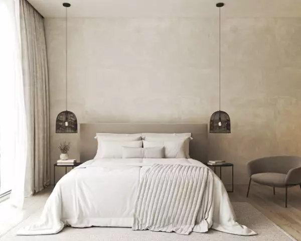 Bedroom interior mockup in boho style with fringed blanket, pillows, white bedding, dried pampas grass, basket lamp and curtain. 3d rendering. High quality 3d illustration.