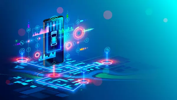 Isometric virtual abstract interface of Intelligent car system and gps navigator on hanging screen of smartphone above digital map city. Car sharing service concept. Mobile application of automobile.