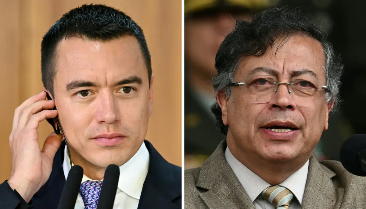 Esta combinación de imágenes de archivos creadas el 22 de enero de 2026 muestra al presidente de Ecuador, Daniel Noboa (izquierda), escuchando una pregunta periodística durante un comunicado de prensa con el presidente de Brasil, Luiz Inácio Lula da Silva (fuera del marco) en el Palacio Planalto en Brasilia, el 18 de agosto de 2025, y el presidente colombiano Gustavo Petro, pronunciando un discurso durante la conmemoración del 134 aniversario de la Policía Nacional y la promoción de oficiales en la Academia de Policía General Santander en Bogotá el 13 de noviembre de 2025.