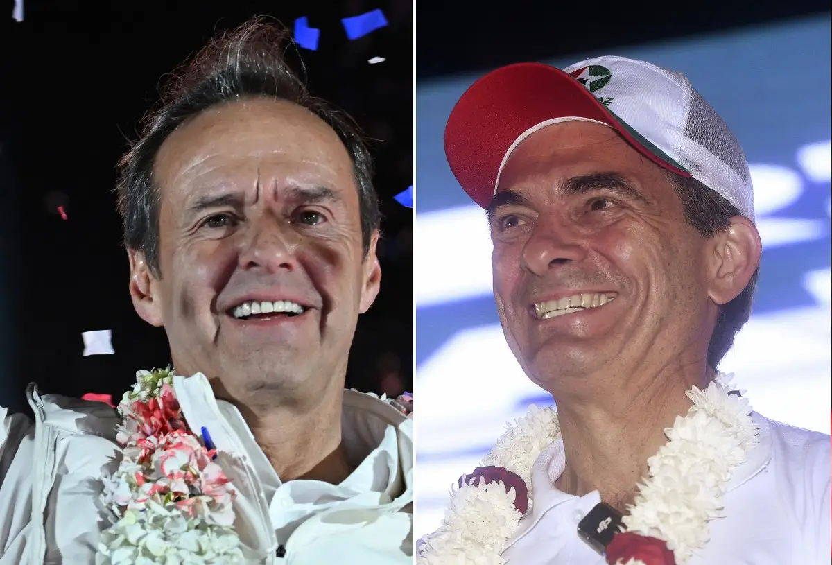 Su combinación de imágenes creadas el 17 de agosto de 2025, muestra al expresidente boliviano y candidato presidencial de la coalición "Alianza Libre", Jorge "Tuto" Quiroga Ramírez (Izquierda), saludando a los partidarios durante su último mitin de campaña en La Paz el 13 de agosto de 2025, y al candidato presidencial boliviano del Partido Demócrata Cristiano (PDC), Rodrigo Paz hace gestos a los partidarios durante su manifestación final de campaña en Torno, provincia de Santa Cruz, Bolivia, el 13 de agosto de 2025.