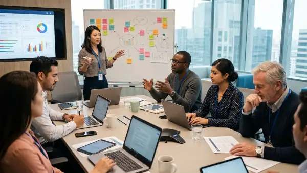 Personas diversas en una junta dentro de un corporativo.