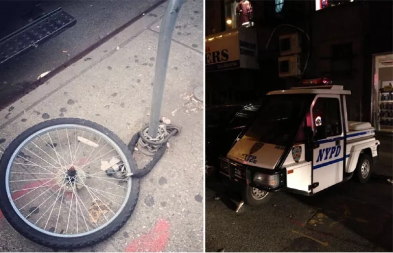La diseñadora de modas compartió a través de Twitter una imagen en la que vemos la llanta de su bicicleta sujeta a un poste en Nueva York, pero el resto de la bici simplemente no está.
