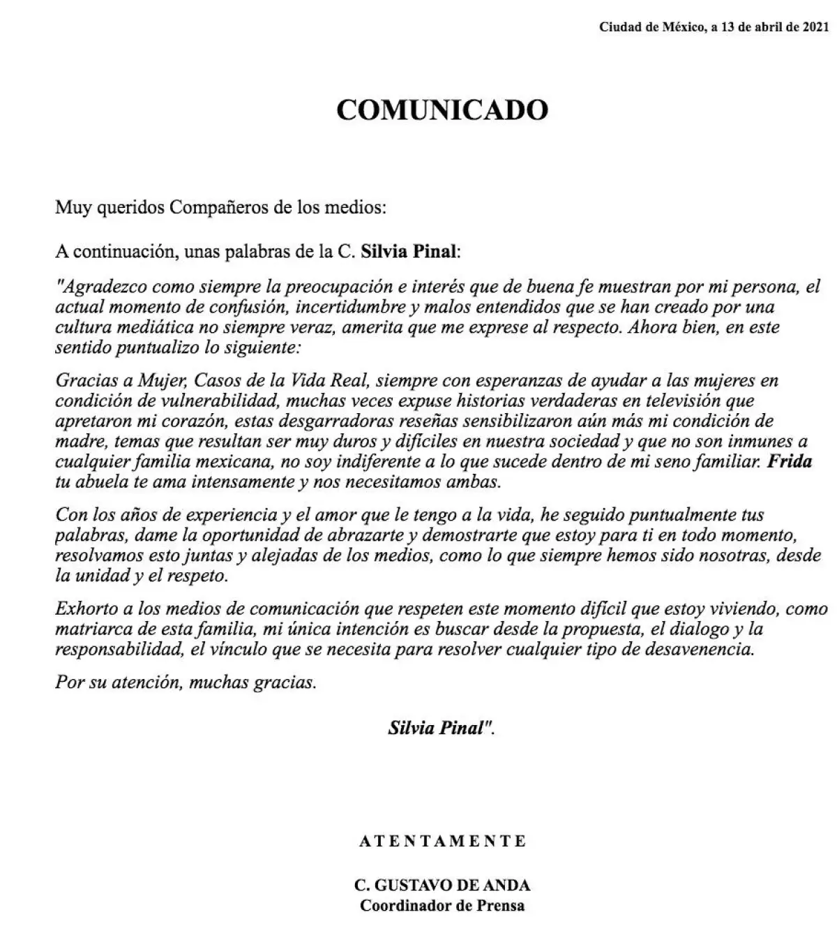 Comunicado Silvia Pinal