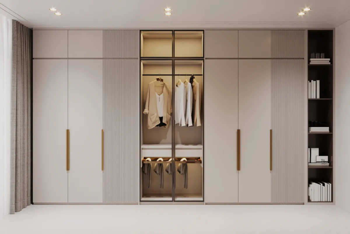 Modern built-in wardrobe closet with personal accessories