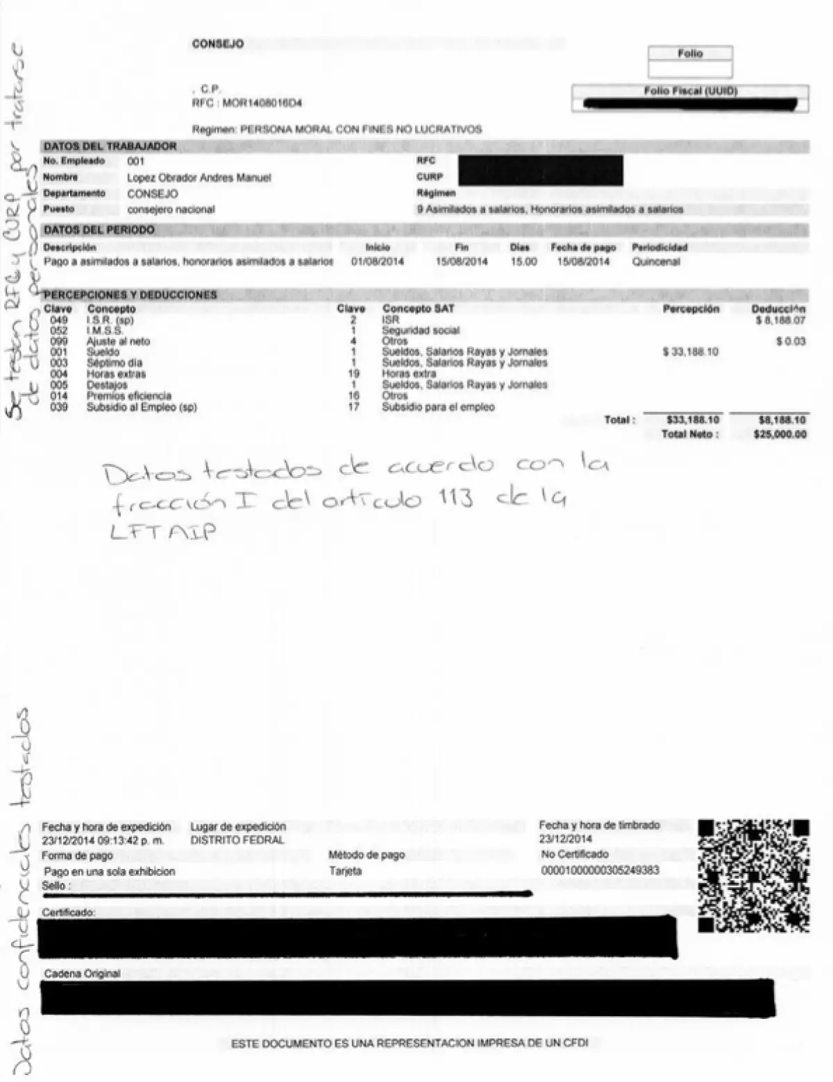 Es el primer recibo que firmó Andrés Manuel López Obrador como sueldo en Morena. Sus datos personales están testados del documento. Revisa la información.