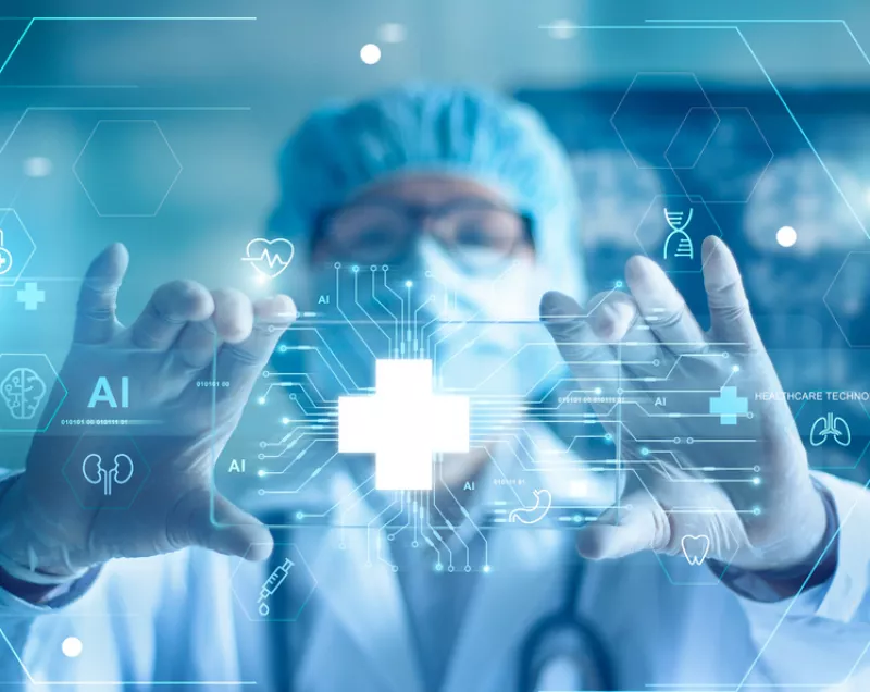 Medical technology, doctor use AI robots for diagnosis, care, and increasing accuracy patient treatment in future. Medical research and development innovation technology to improve patient health.