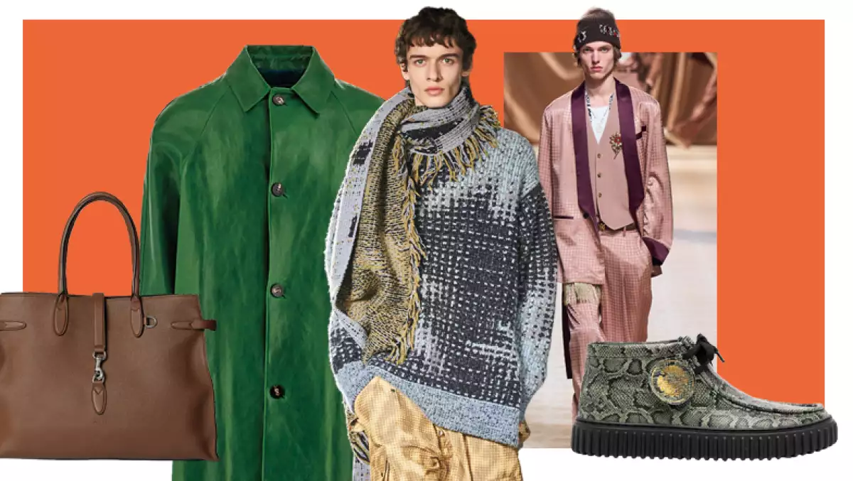Foto collage de un bolso de hombre café, un abrigo verde unos zapatos con textura de piel de serpiente y dos modelos con bufandas y sacos.