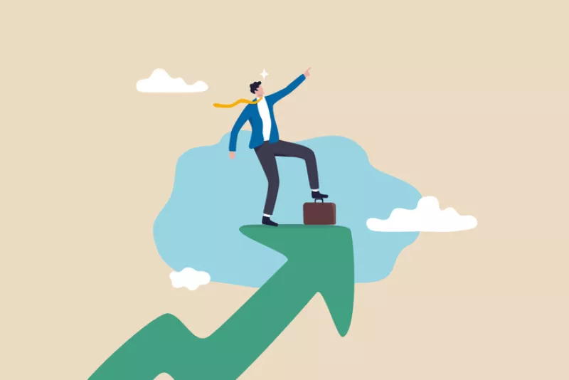 ilustración de una persona sobre una flecha que va al cielo