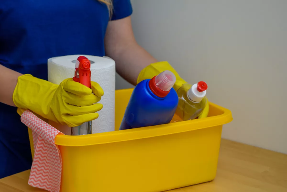 Cleaning products in a container