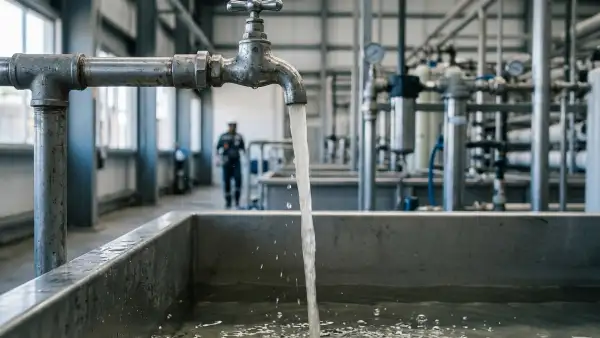 Grifo de agua abierto y en el fond una instalación de una fábrica.