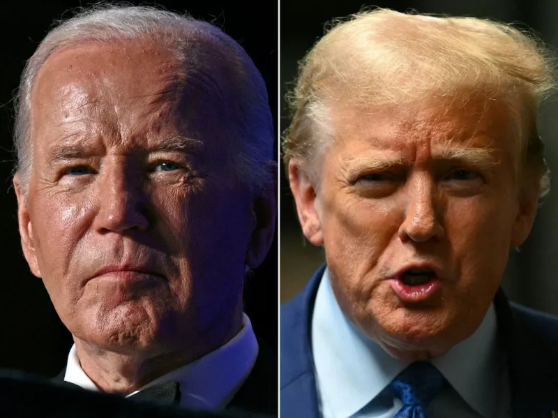 Su combinación de imágenes creadas el 15 de mayo de 2024 muestra al presidente de los Estados Unidos, Joe Biden, asistiendo a la cena de la Asociación de Corresponsales de la Casa Blanca (WHCA) en el Washington Hilton, en Washington, DC, el 27 de abril de 2024 y el expresidente de los Estados Unidos, Donald Trump, hablando a la prensa al final del día de su juicio por supuestamente encubrir los pagos de dinero en silencio relacionados con asuntos extramatrimoniales, en el Tribunal Penal de Manhattan en la ciudad de Nueva York, el 9 de mayo de 2024.