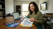 Una mujer sentada en una mesa, en la que tiene una laptop y folletos de internet fijo de Megacable, Izzi y Sky. 