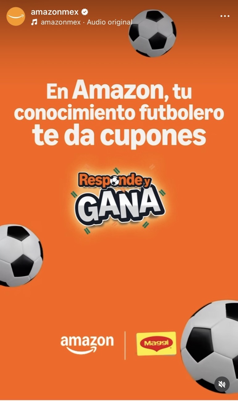 Publicación de Amazon México: En Amazon, tu conocimiento futbolero te da cupones. Responde y Gana, Amazon y Maggi